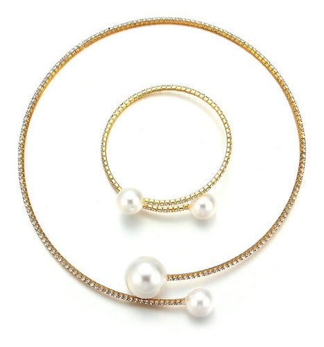 Colar Chocker E Pulseira Riviera Strass Pérola Noiva Festa