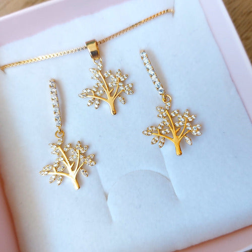 Conjunto Colar E Brinco Pedra Zirconia Árvore Da Vida F Ouro