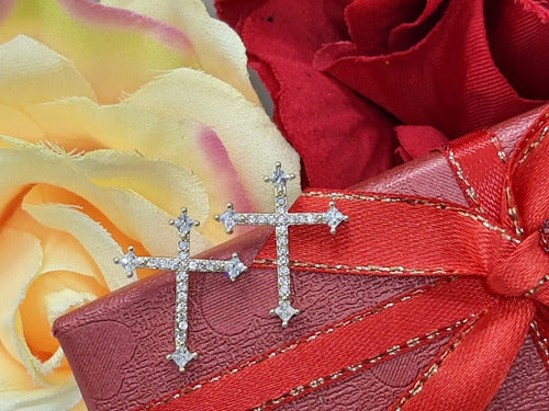 Brinco De Cruz Pedra Zirconia  F. Ouro Semi Joia