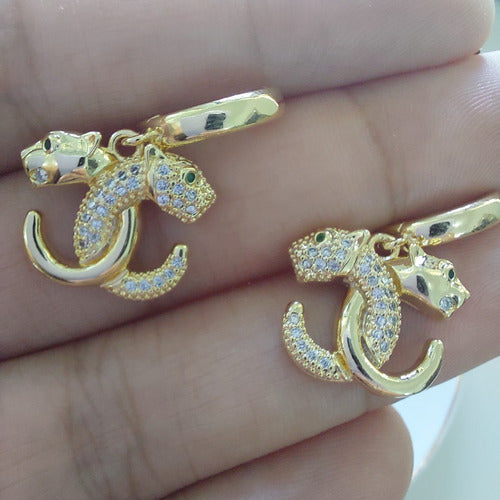 Conjunto Colar Brinco Leopardo Cravejado Dourado Zirconia