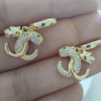 Conjunto Colar Brinco Leopardo Cravejado Dourado Zirconia