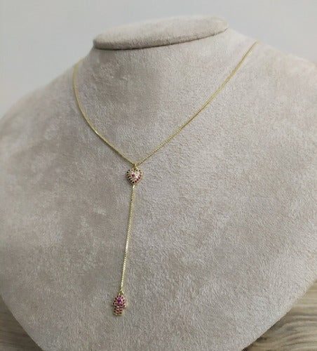 Colar Gravatinha Zirconia Prata Mão De Fátima Rubi Vermelho