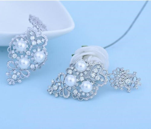 Brinco Noiva Zirconia Perola Pendurado Prata Delicado Festa