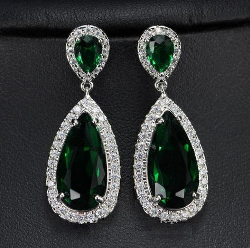 Brinco Pedra Zirconia Prata Festa Gota Verde Debutante
