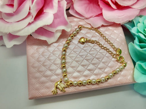 Pulseira Perola E Pingente Pombinha Da Paz F. Ouro Semi Joia