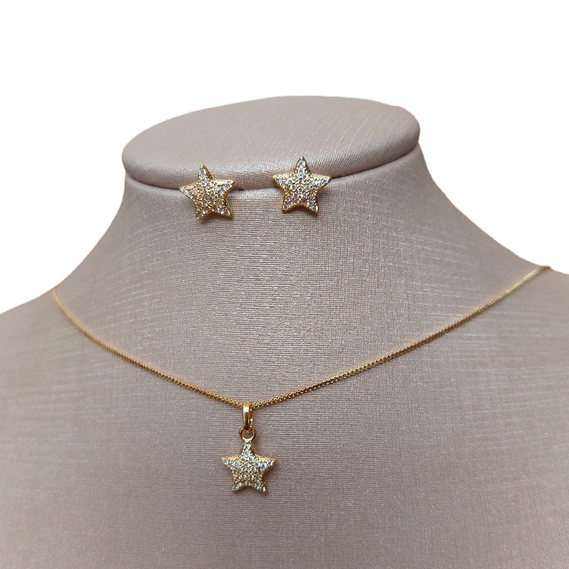 Conjunto Colar E Brinco Pedra Zirconia Estrela Banhado Ouro