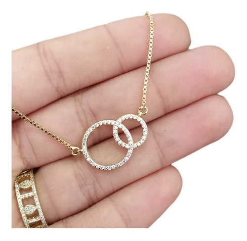 Colar Pedra Zirconia Círculo Duplo Aliança Folheado Ouro 18k