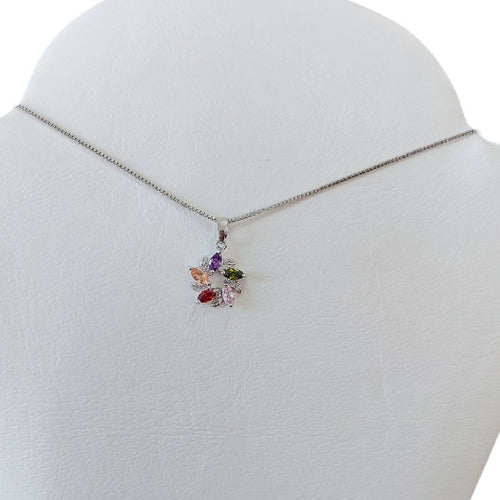 Colar Pedra Zirconia Colorida Flor Semijoia Folheado A Ródio