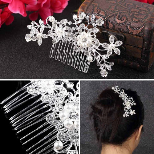 Arranjo Enfeite Cabelo Noiva Prata Strass Perola