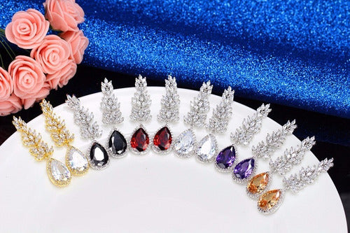 Brinco Zirconia Prata Azul Gota Pendurado Festa Debutante