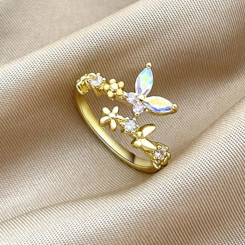 Anel Pedra Zirconia Festa Dourado Borboleta Furtacor Ajustav