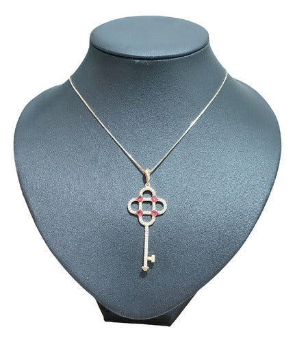 Colar Pingente Chave Pedra Zirconia Dourada Folheado Vermelh