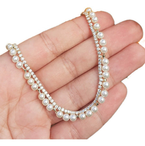 Pulseira Bracelete Dourada Zircônia E Pérola Noiva Debutante