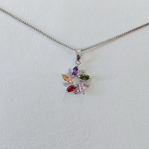Colar Pedra Zirconia Colorida Flor Semijoia Folheado A Ródio