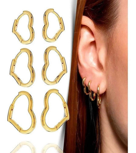 Trio Brinco Argola Coração Dourado Folheado A Ouro 18k