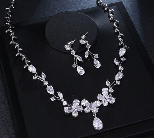 Colar E Brinco Noiva Zircônia Prata Festa Debutante Luxo