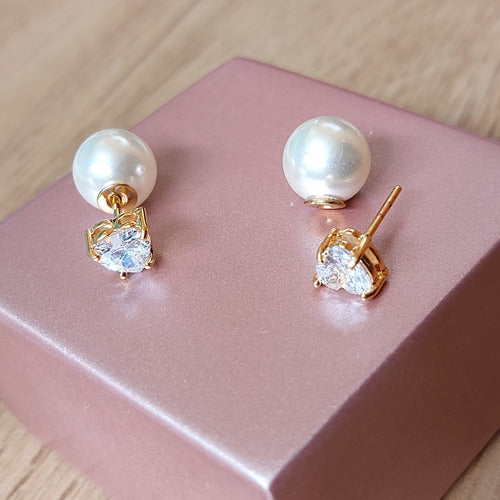 Brinco Pérola Traseira Inspiração Pedra Zirconia F. Ouro 18k