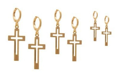 Trio Brinco Argola Com Pingente De Cruz Folheado Ouro 18k