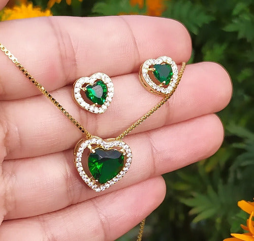 Conjunto Colar E Brinco Coração Pedra Zirconia Preto Verde