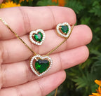 Conjunto Colar E Brinco Coração Pedra Zirconia Preto Verde