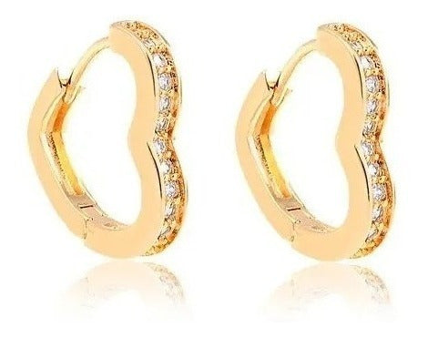 Brinco Argola Pedra Zirconia Coração Dourado F. Ouro 18k