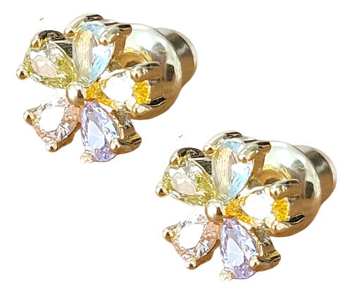 Brinco Flor Zirconia Pequeno Dourado Prata Colorido F. Ouro
