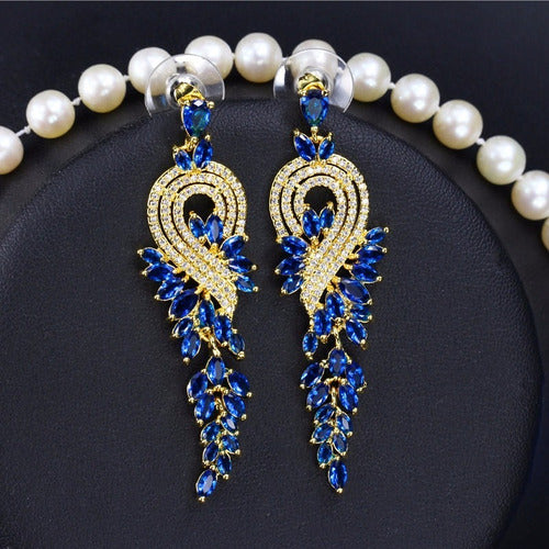 Brinco Noiva Zirconia Dourado Festa Formatura Madrinha Azul