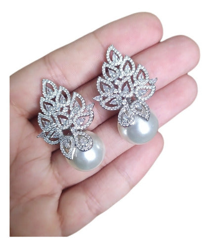 Brinco Noiva Zirconia E Pérola Prata Delicado Luxo