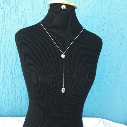 Colar Gravatinha Zirconia Prata Mão De Fátima Rubi Vermelho