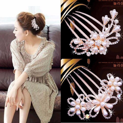 Arranjo Enfeite Cabelo Noiva Dama Dourado Strass Perola Ouro