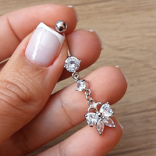 Piercing De Umbigo Pendurado Prata Borboleta Zirconia Aço