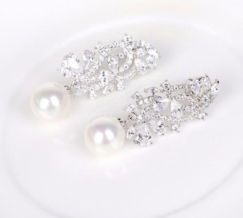 Brinco Zirconia E Pérola Prata Noiva Pendurado Delicado Fest