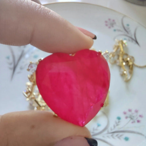 Conjunto Colar Brinco Pulseira Pedra Coração Vermelho