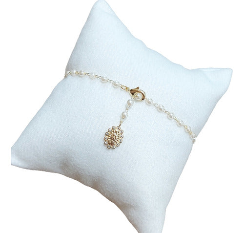 Pulseira Dourada Zircônia E Pérola N. S Das Graças Religioso