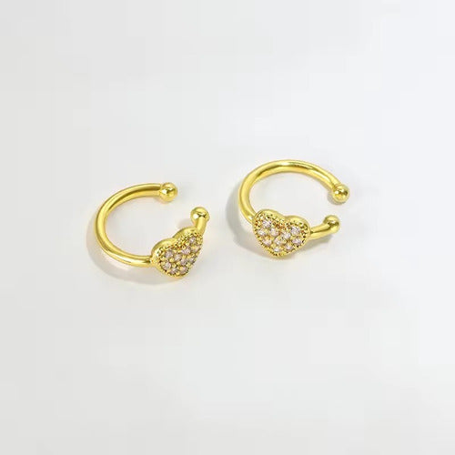 Piercing Argola Falso Fake Dourado Pedra Zirconia Coração