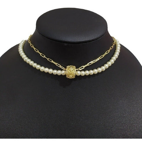 Colar Pérola Noiva Pedra Zirconia Folheado Ouro Semi Joia