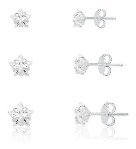 Trio Brinco Pedra Zirconia Estrela Prata 925 3 4 5 Mm