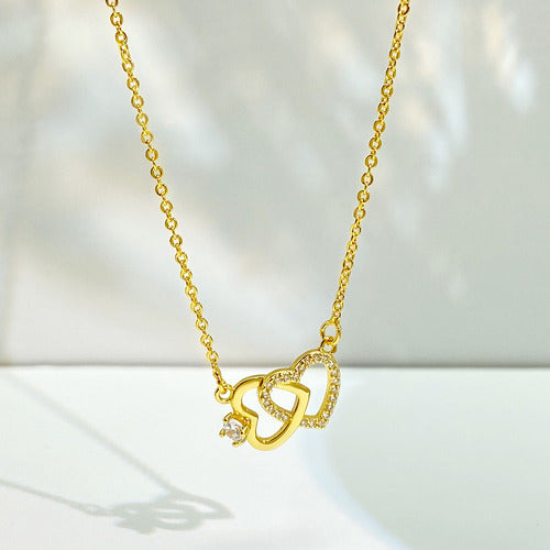 Colar Pingente Coração Duplo Pedra Zirconia Folheado Ouro 18
