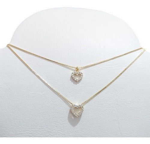 Colar Duplo Coração Micro Zirconia Banhado Ouro Com Garantia