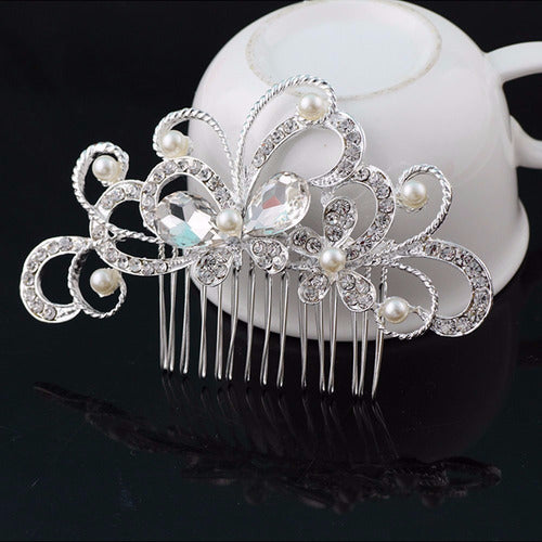 Arranjo Enfeite Cabelo Noiva Strass Perola Prata Debutante