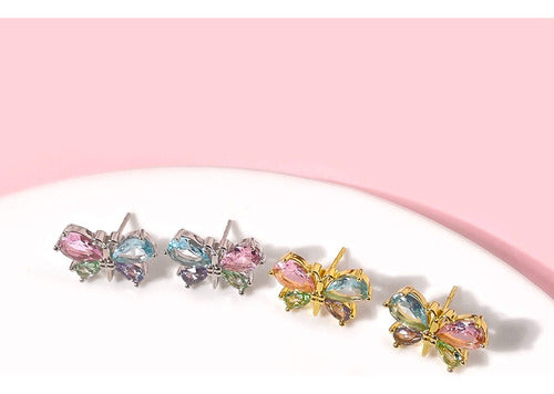 Colar Brinco Borboleta Pedra Zirconia Colorido Banhado Ouro