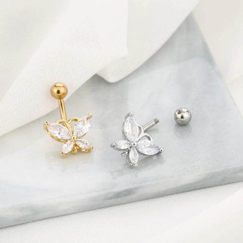 Piercing De Umbigo Dourado F. Ouro Zirconia Borboleta