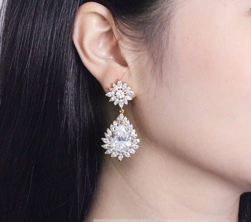 Brinco Noiva Pedra Zirconia Dourado Festa Debutante Gota