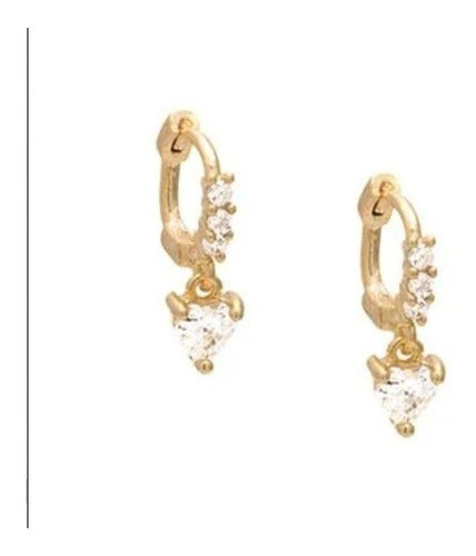 Brinco Argola Com Pedra De Zircônia Coração Pendurada F Ouro