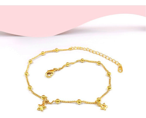 Tornozeleira Bolinhas E Estrelas Dourada Folheada A Ouro 18k