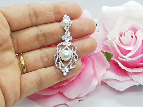 Brinco Noiva Zirconia Perola Pendurado Prata Festa Delicado