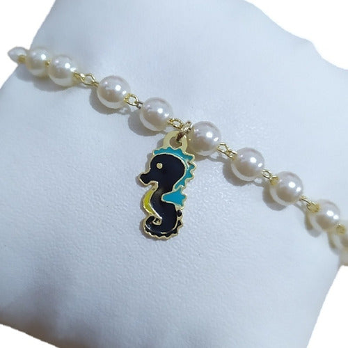 Pulseira Infantil Cavalo Marinho Pérola Folheada Semi Joia