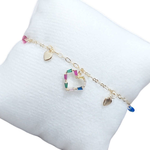 Pulseira Colorida F. Ouro 18k Com Zircônia Pingente Coração