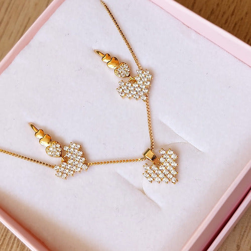 Conjunto Colar E Brinco Pedra Zirconia Coração Folheado Ouro