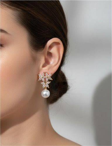 Brinco Noiva Zirconia Pérola  Dourado Pequeno Luxo